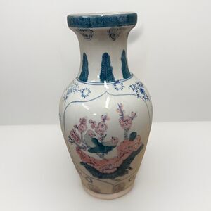 Large Vintage Chinoiserie Vase: Pink/Blue/White/Green - Birds Flowers Decor EUC